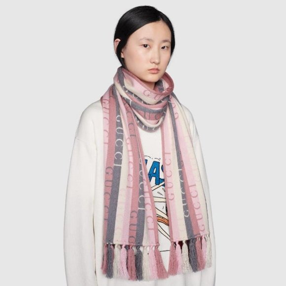 Gucci Scarf Wool Stripes Logo GG Barbie Pink - Picture 3 of 11